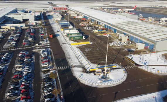 Aerial view of Stansted Cargo Area, showcasing HGV areas and pedestrian crossings during drone survey