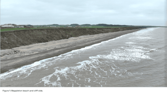 Aerial view of Mappleton coastal erosion study showing cliff retreat along the Holderness coast.