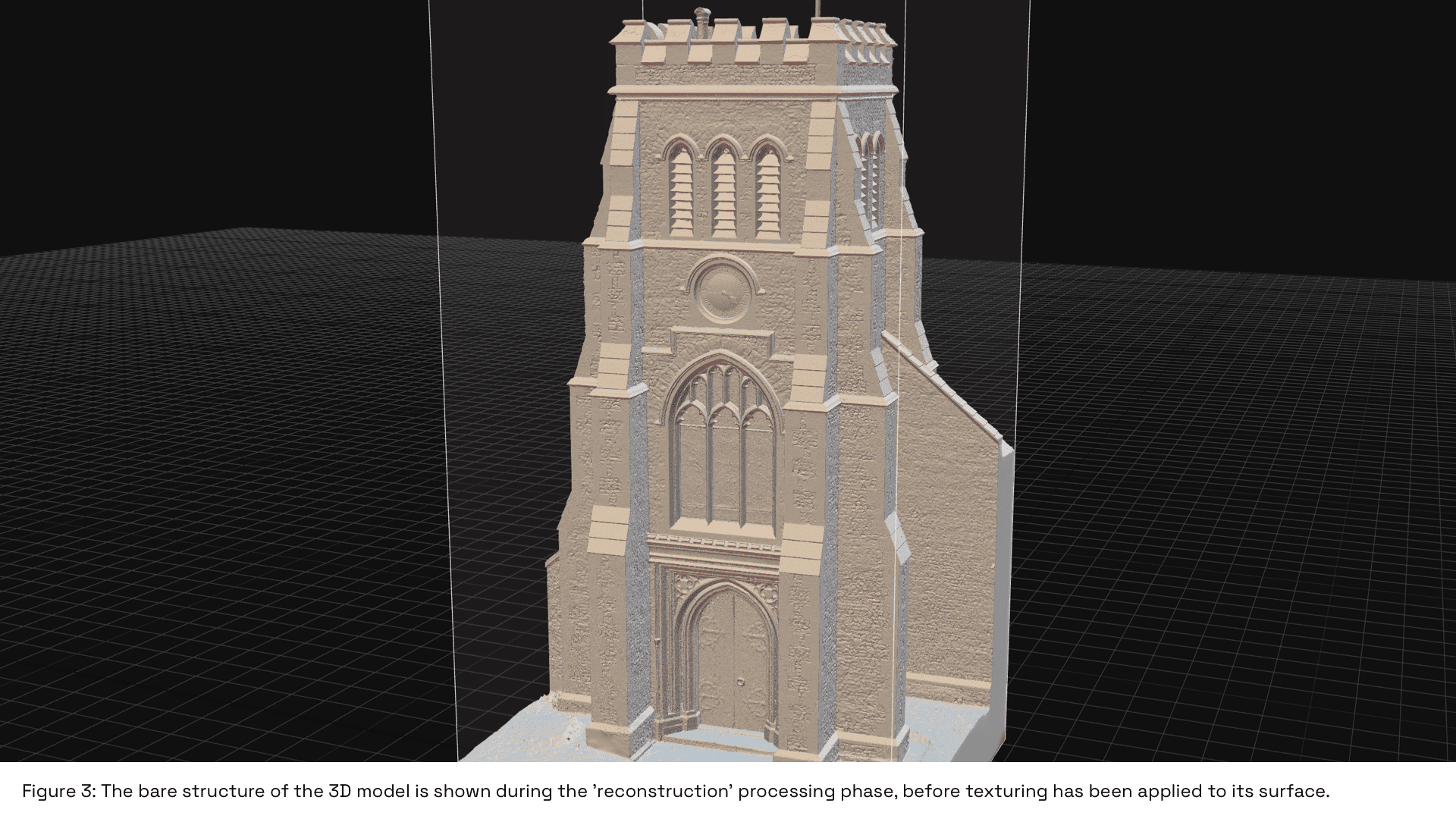 Photogrammetry software interface showing steps in building an ultra high resolution 3D building model