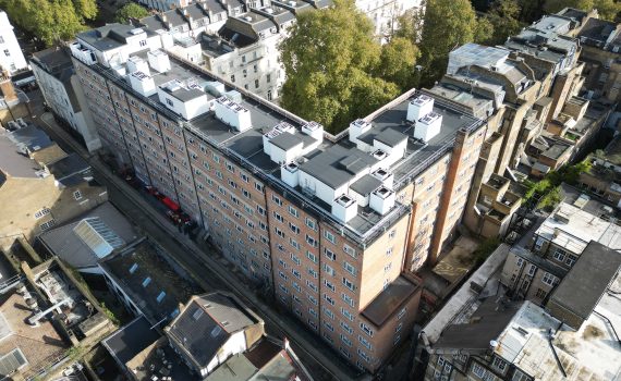Aerial drone shot of refurbishment works at Citi View building next to Paddington Station