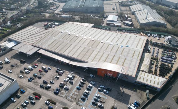 Aerial view over a B&Q retail site for roof inspection under Survey Air’s drone survey project