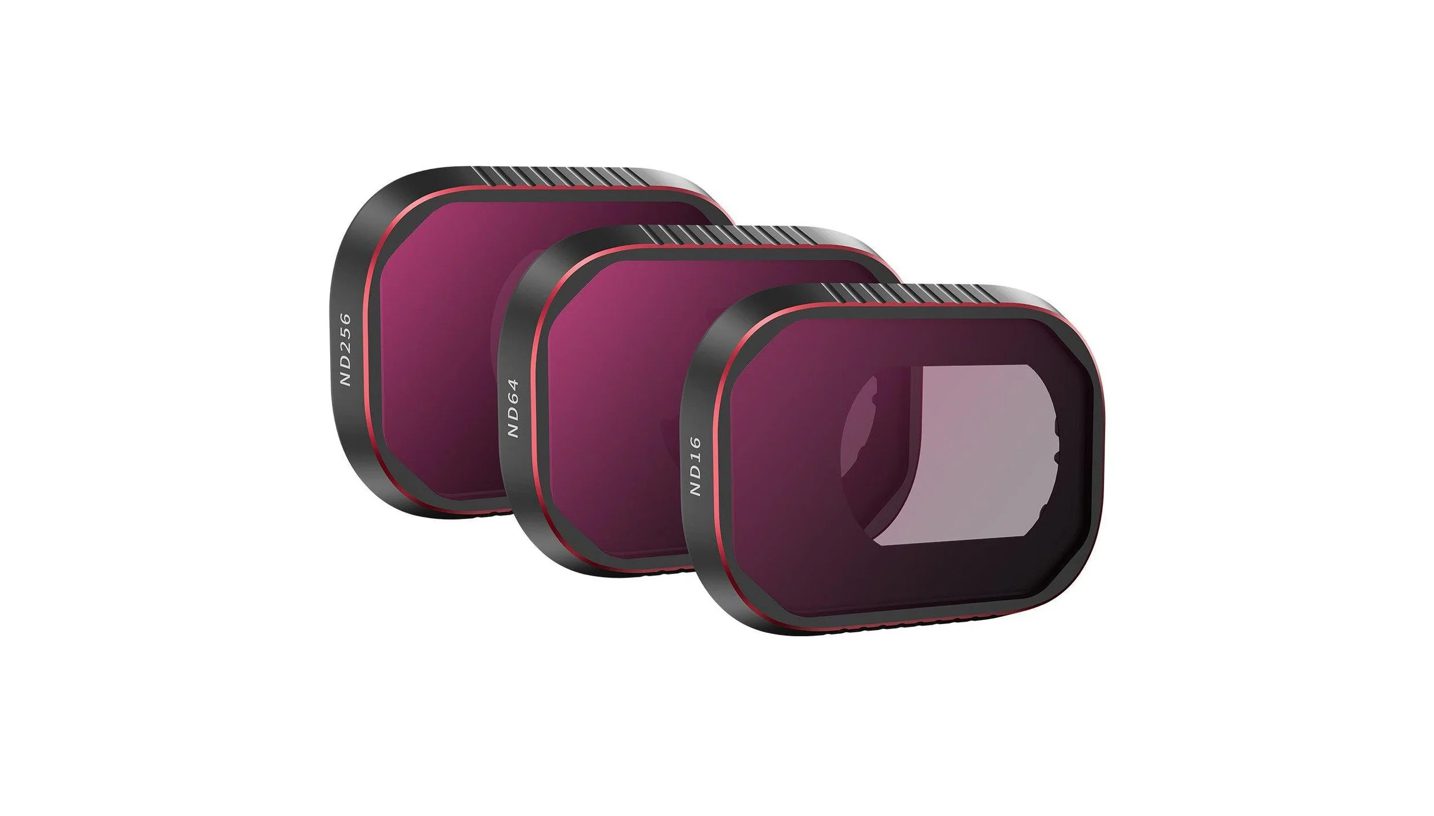 Neutral density (ND) filter set for drone cameras used to control exposure and maintain 180-degree shutter rule.