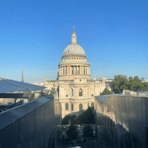 Cinematic aerial drone shot of St Paul’s Cathedral in London captured with high-stability gimbal for professional media production.