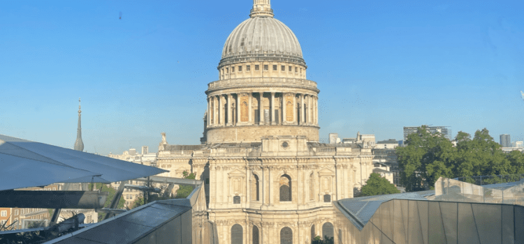 Cinematic aerial drone shot of St Paul’s Cathedral in London captured with high-stability gimbal for professional media production.