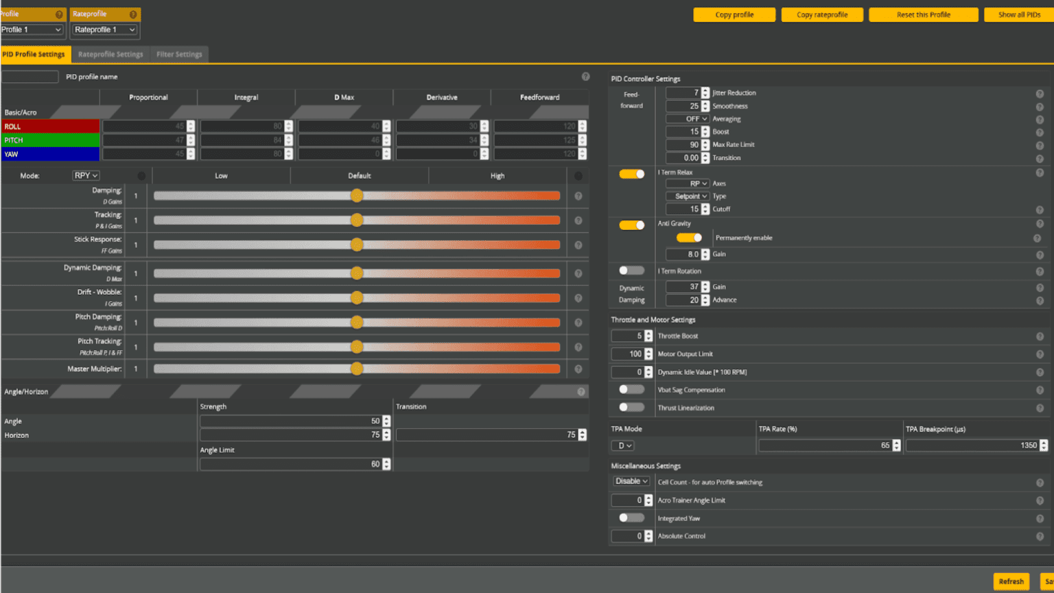 Screenshot of PID tuning interface displaying flight controller settings for an FPV drone.