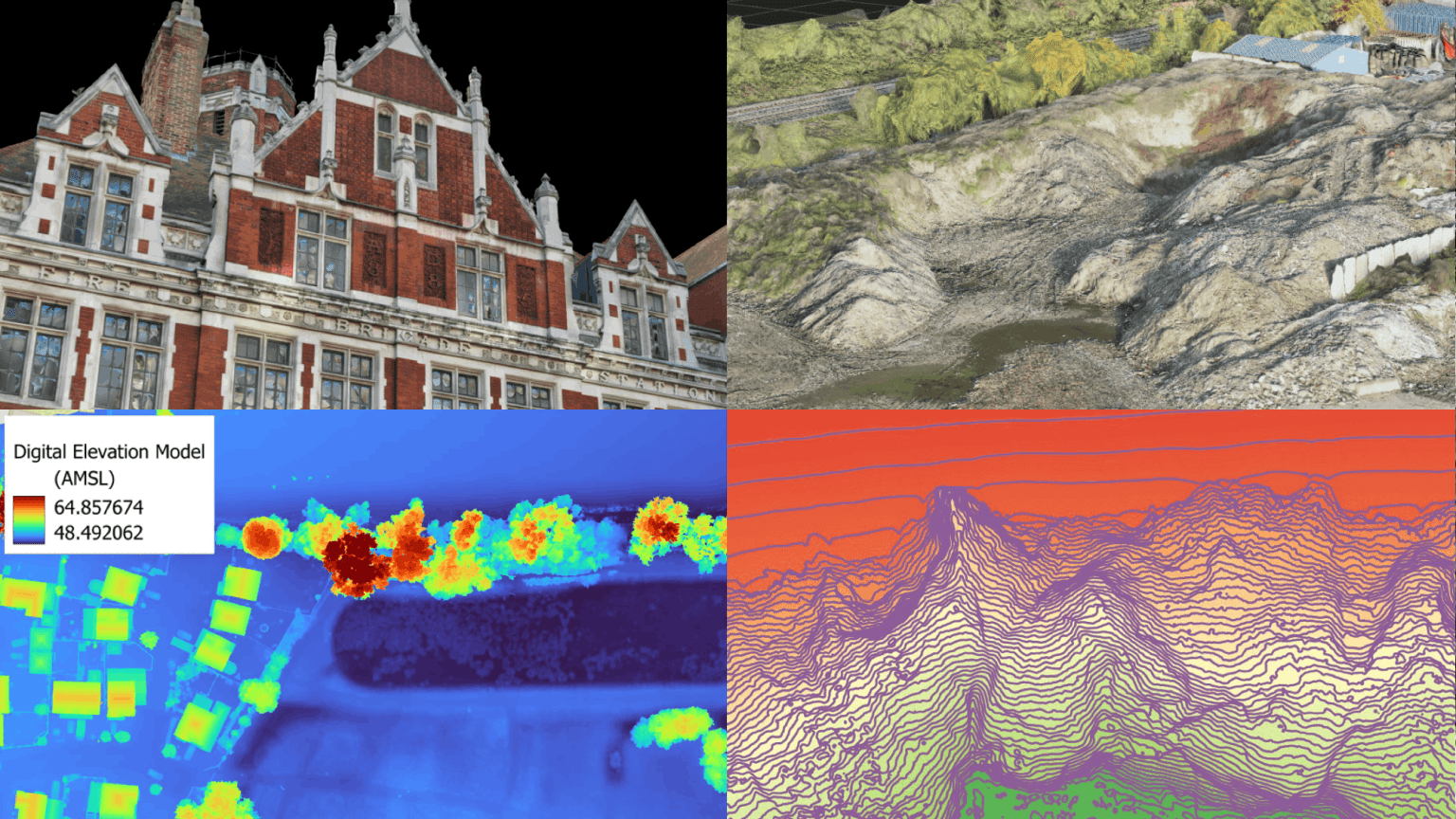 Examples of UAV mapping outputs including 3D model, volumetric analysis, terrain model and orthomosaic aerial map.