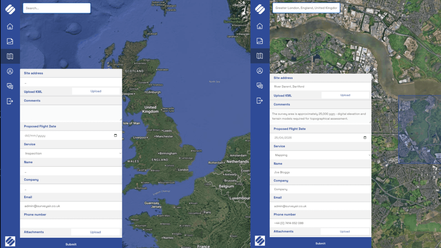 Survey Air portal enquiry map used to define project areas and request UAV survey quotations.