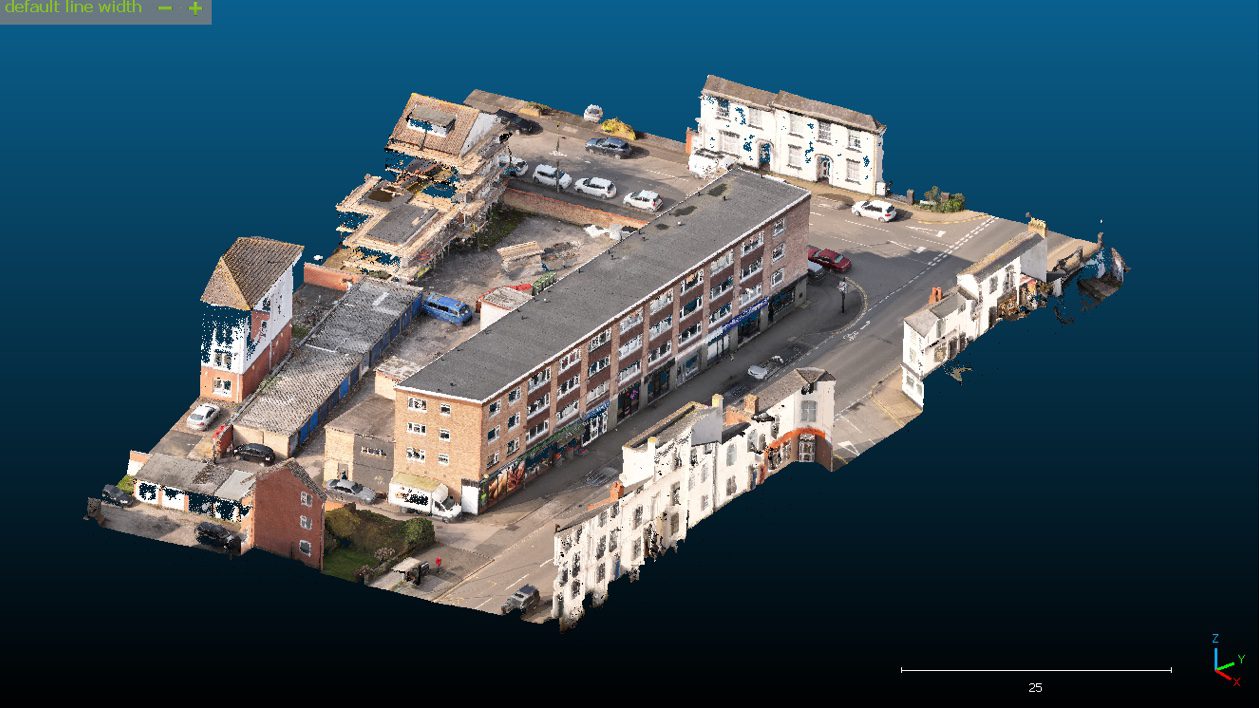 Dense photogrammetric point cloud and textured 3D mesh model of Southborough Terrace generated from UAV imagery, illustrating data complexity and reconstruction accuracy.