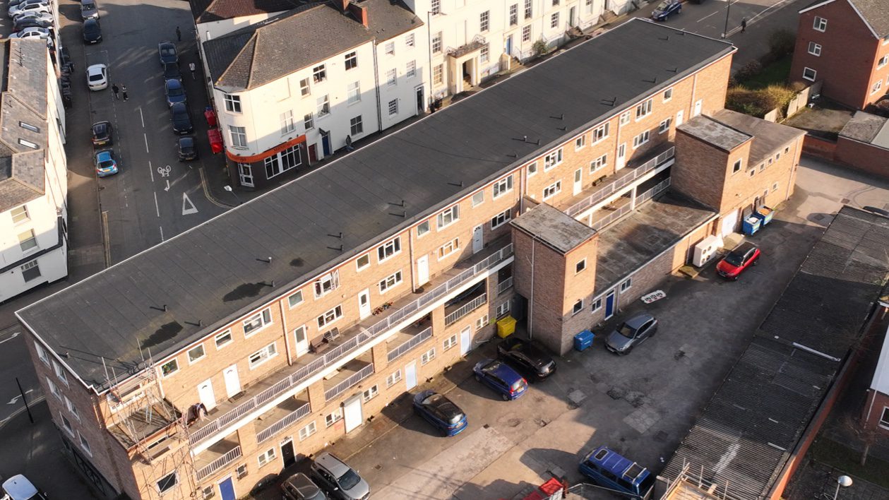 Oblique UAV image of Southborough Terrace showing building geometry, roofscape, and street frontage, supporting photogrammetric data capture for 3D reconstruction.