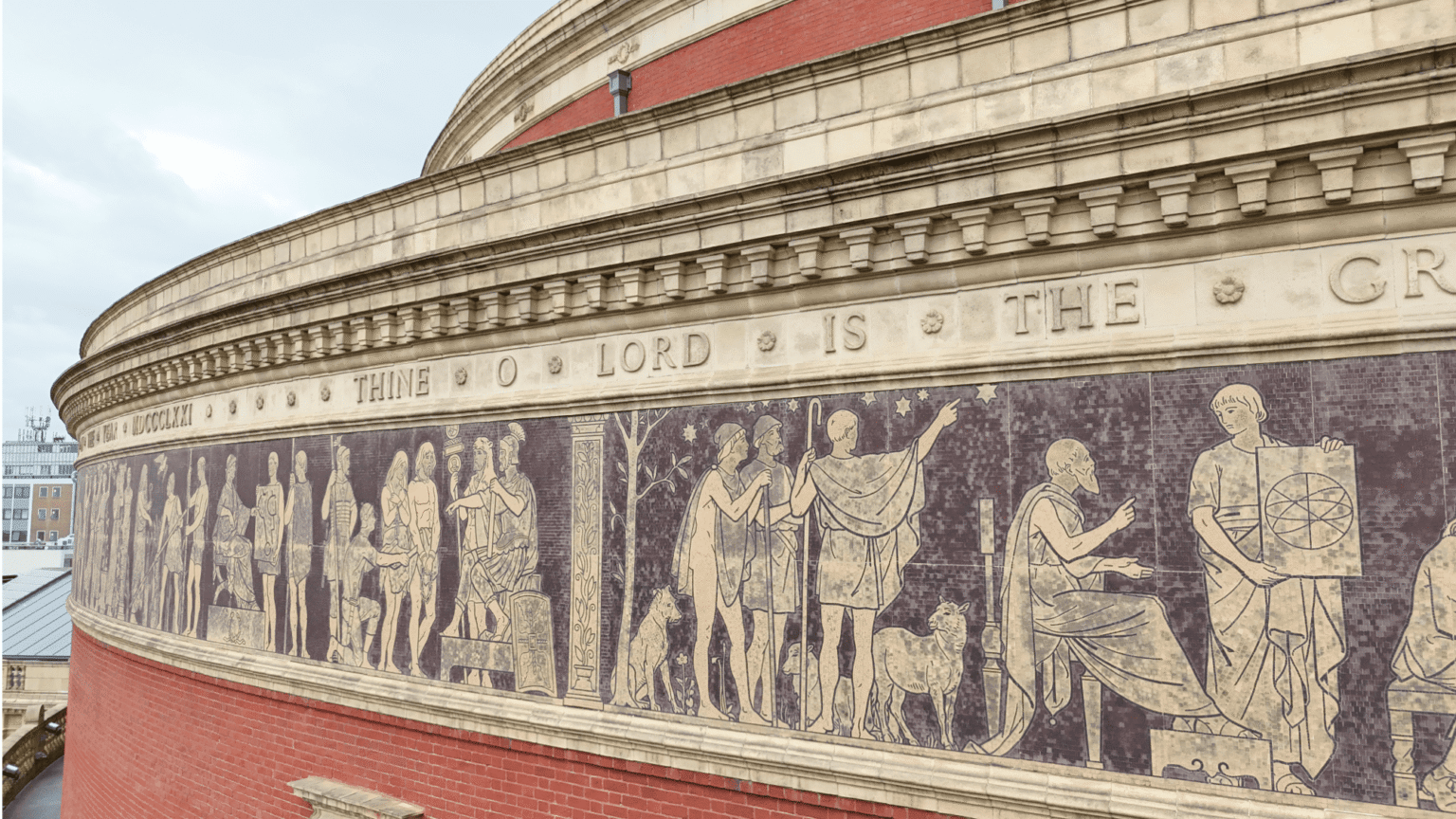 Detailed UAV inspection image showing decorative mosaic panels and ornate architectural features on the exterior of the Royal Albert Hall.