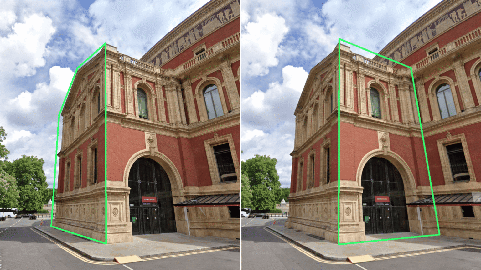 Annotated photograph of a Royal Albert Hall annex showing separate façade zones defined for UAV inspection and image indexing.