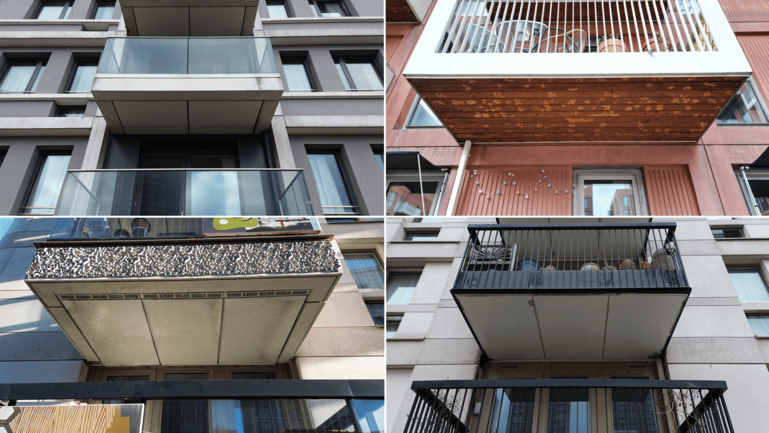 Four-panel image comparing different balcony and soffit arrangements across residential buildings at East Village.