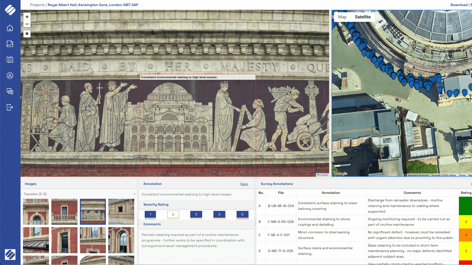 Screenshot of the Survey Air inspection portal showing Royal Albert Hall imagery, georeferenced map markers, survey annotations, and categorised defect records.