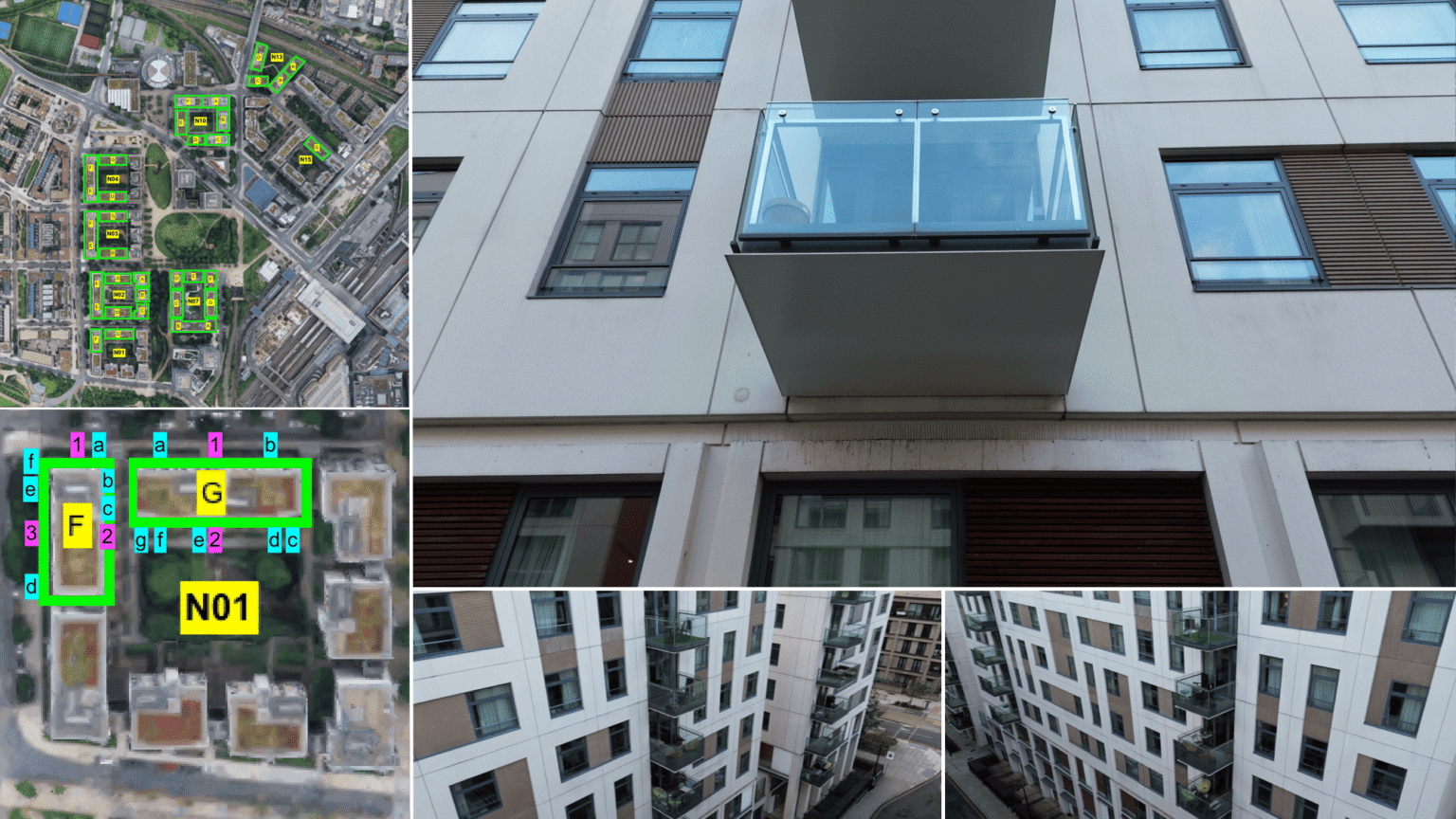 East Village master and block site plans displayed alongside balcony inspection images showing overview photographs and soffit details linked through a structured referencing system.