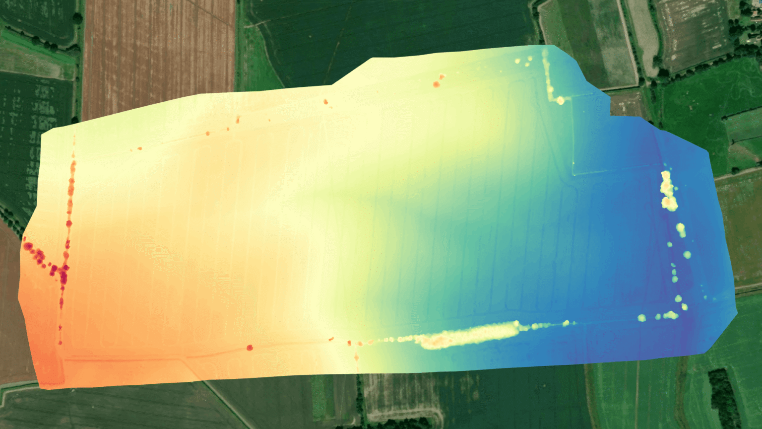 Digital Surface Model generated from UAV survey data showing elevation of terrain, vegetation, and surface features across a field.