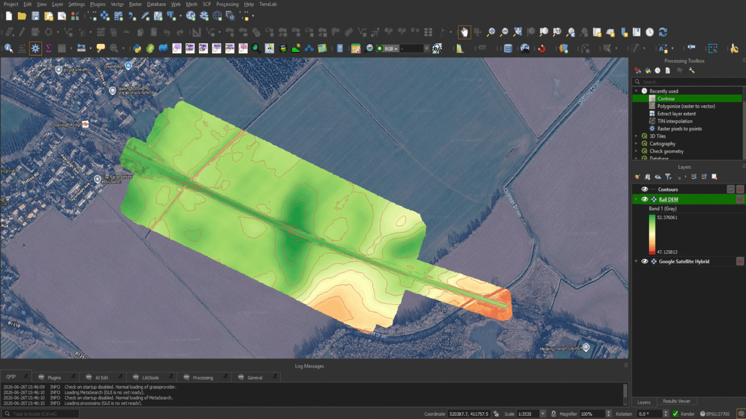 Digital Terrain Model of a rail corridor with contour lines generated from UAV topographic survey data.