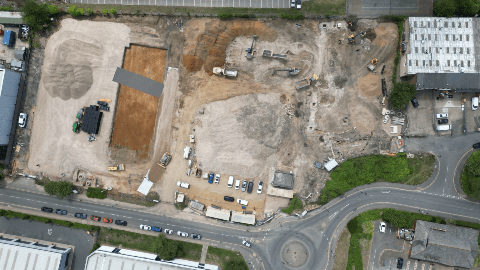 Nadir UAV aerial image showing a brownfield construction site during early development stages.