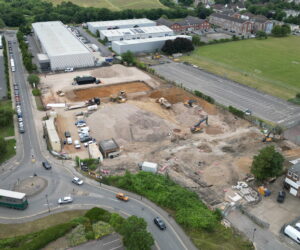 Aerial image capturing demolition and early enabling works during the redevelopment of the Browells Lane industrial site.