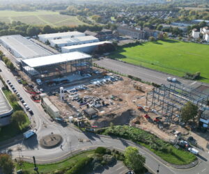 Drone image documenting steel frame erection and structural progress during the construction of new industrial units at Browells Lane.