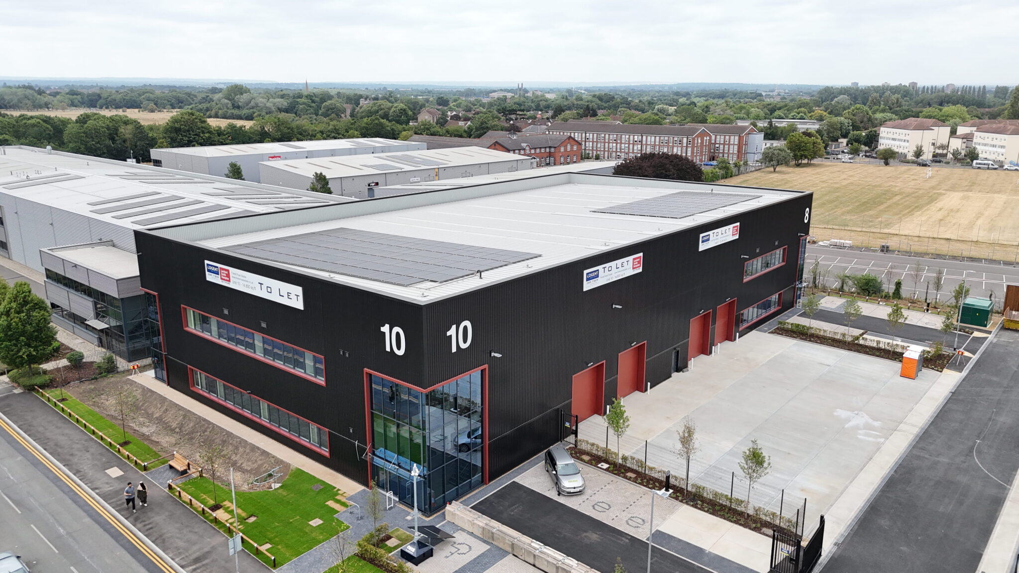 High-resolution drone image of a completed industrial unit at Browells Lane, showcasing the finished development and surrounding estate.